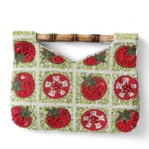 Vibrant Tomato Beaded Clutch with Bamboo Handle